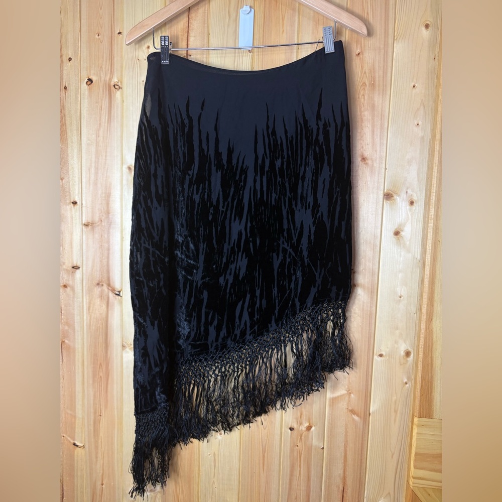 Vtg The Limited Black Silk Blend Asymmetrical Skirt Fringe Tassels Velvet Sz 10